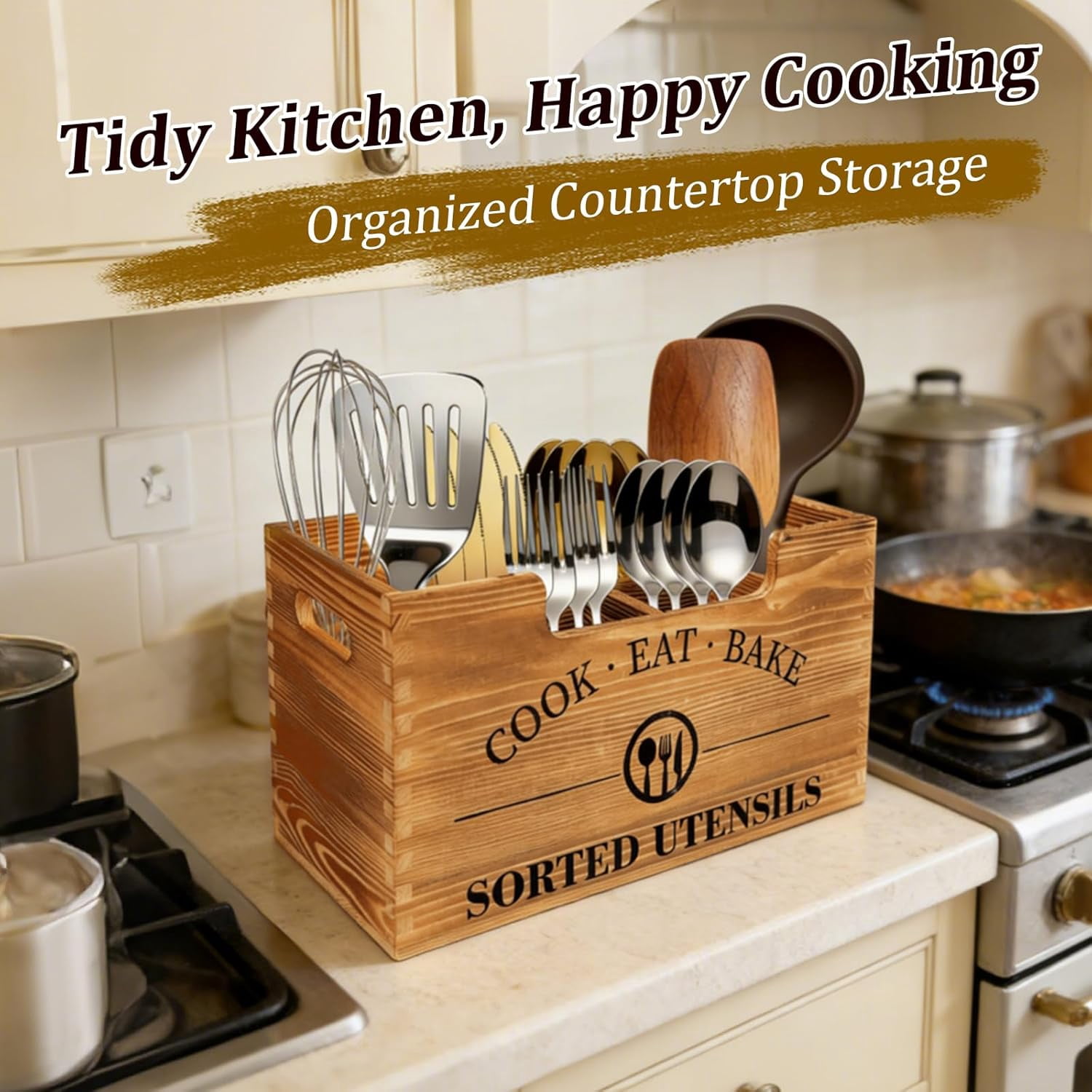 Upgraded Kitchen Utensil Holder For Counter  Extra Large Wooden With Three Adjustable Combination Designs Storage Cooking And Silverware