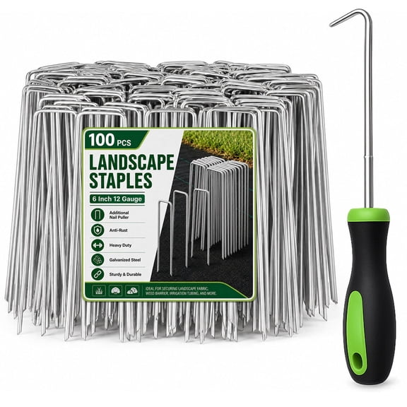 Fyniora 100 Pack 6Inch Landscape Staples, Hot-Dip Galvanized U-Shaped Ground Stakes with Pick Hook, Heavy Duty 12 Gauge Garden Stakes for Tubing, Yard & Tent Stakes for Decoration Weed Barrier Fabric