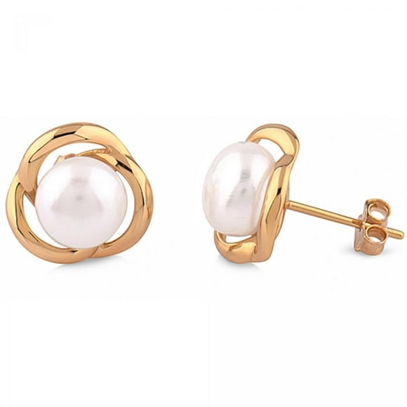 Yellow Gold Plated With Freshwater Pearl Center Stone Silver Earrings