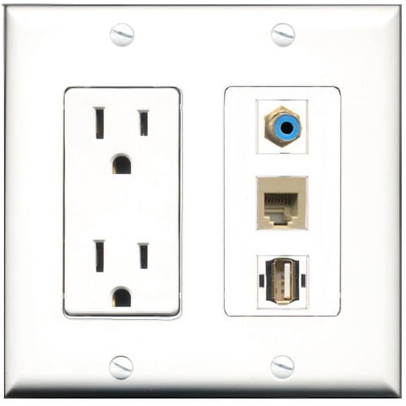 RiteAV - 15 Amp Power Outlet 1 Port RCA Blue 1 Port USB A-A 1 Port Phone Beige Decorative Wall Plate
