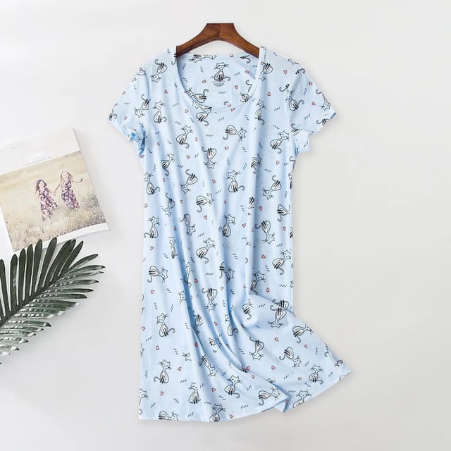 Pyjamas en Coton pour Femmes, Chemise de Nuit Grande Taille Vêtements Tricotés Doux Manches Courtes Col Rond, Bleu P-TG