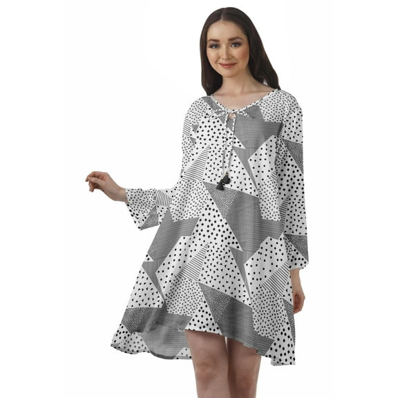 Moomaya Rayon Flared Dress For Womens Long Sleeve Printed V-Neck Casual Beach Dress For Girls