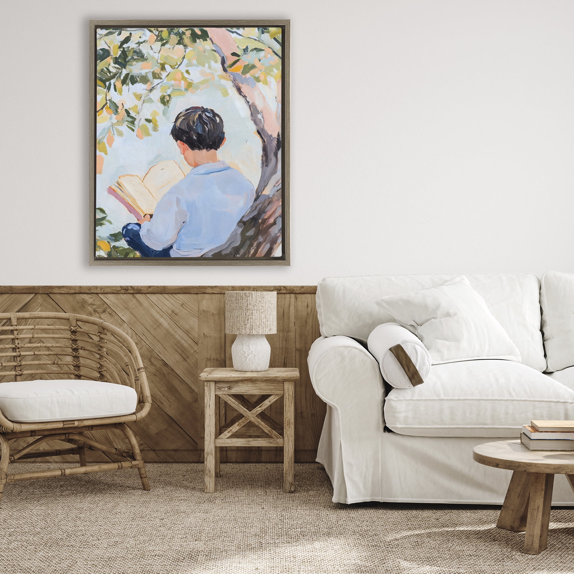 Stupell Industries Boy Reading in Nature Brown Framed Floater Canvas Wall Art, design by The Prints Vibe