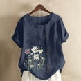 thumbnail image 2 of Blouses for Women Plus Size Round Neck Casual Linen Print Short Sleeve Button Tunic Pullover Tops, 2 of 5