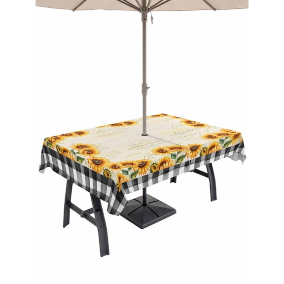 Outdoor Tablecloth with Umbrella Hole for Patio/Picnic/Party/Camping, Sunflowers Waterproof Table Cloth Rectangle Table Cover Washable, Summer Country Botanical Yellow Flowers Plaid (60"x 120")