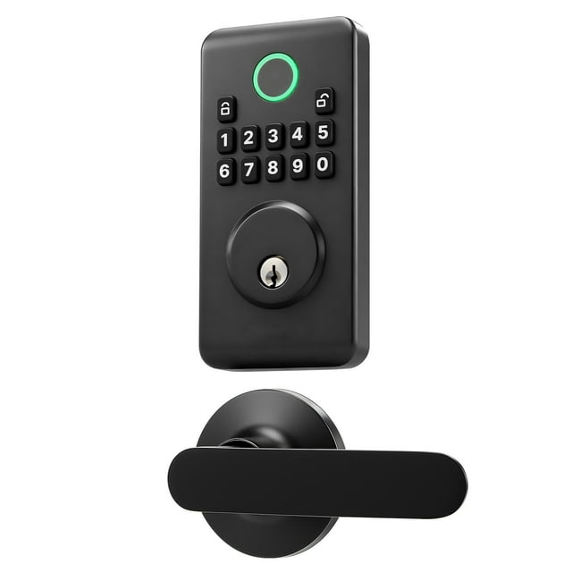 KFFKFF Keyless Entry Door Lock with Handle Set, Electronic Keypad Deadbolt with Lever Handles, Pioneering Easy-Grip Design, Customizable User Codes, Matte Black