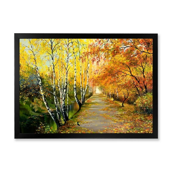 Designart 'Path Through The Autumn Woods Along River' Traditional Framed Art Print