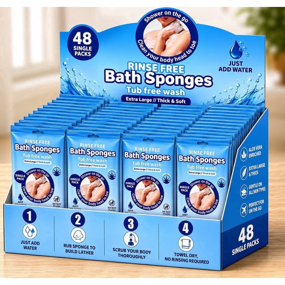 Turgiene Disposable No Rinse Bath Sponges, Unscented, 48 Count