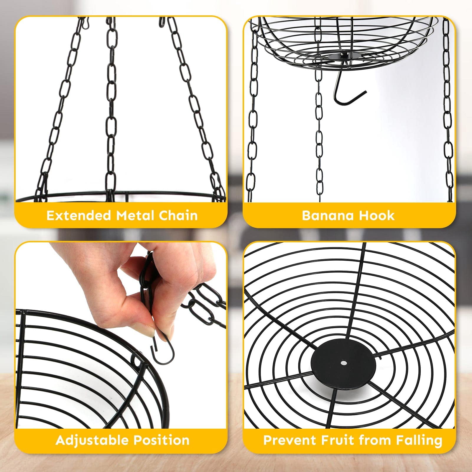 3 Tier Hanging Fruit Basket with Banana Hook, Heavy Duty Wire Hanging Baskets for Kitchen Storage, 36 Inch Hanging Vegetable Produce Basket Organizer (Including Installation Bracket)