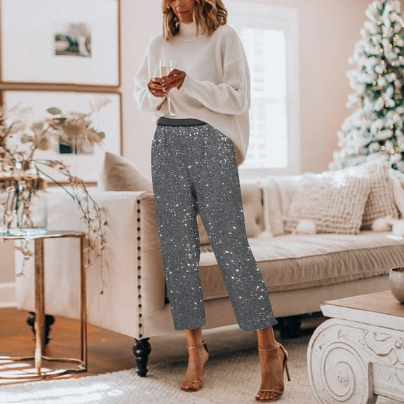 SNKSDGM Women's Plus Womens Dress Pants Plus Size 18-20 Linen Pants Women Summer Drawstring Women's 2025 Solid Color Fashionable Sequined Elastic Waist Wide Leg Pants Trousers