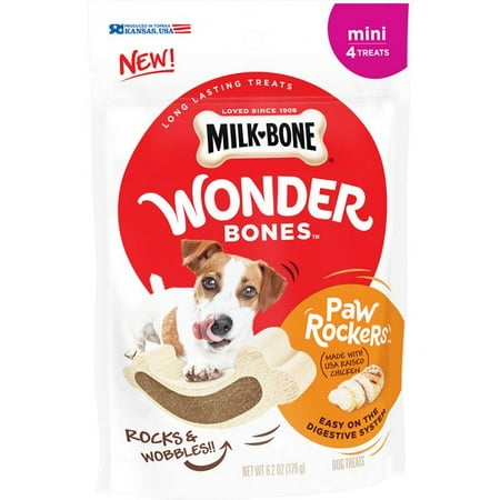 Paws Ceramic Bones - Milk-Bone Wonder Bones Paw Rockers with Real Chicken, Long Lasting Dog Treats, Mini, 6.2 Oz.