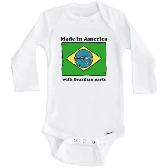 Made In America With Brazilian Parts Funny Brazil Flag One Piece Baby Bodysuit (Long Sleeve), 0-3 Months White