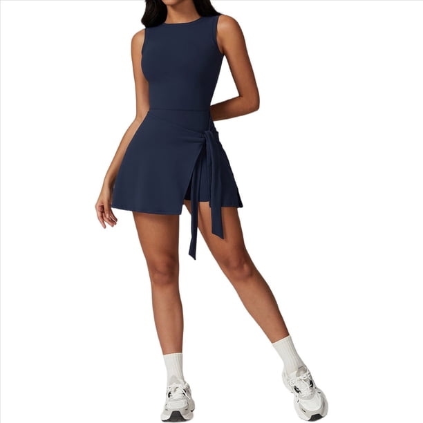 Vestido de Tenis de Cuello Alto para Mujer, Sin Mangas, con Falda Cruzada y Pantalones Cortos Incorporados, Vestido Deportivo de Golf, Mono de Entrenamiento, Azul L