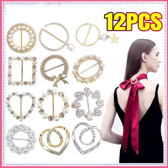 Scarf Tie Buckle Rings for Women,12PCS Metal Party T Shirt Pearls Rhinestone Clips,Clothes Corner Knotted Button for Women Decorative Accessories