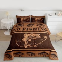 Manfei Cartoon Bass Fish Full Size Comforter Sets for Teen, Rustic Fishing Bedding Comforter Set, Farmhouse Cabin Bedding Sets, Microfiber Bedroom Decor, 3 Pieces