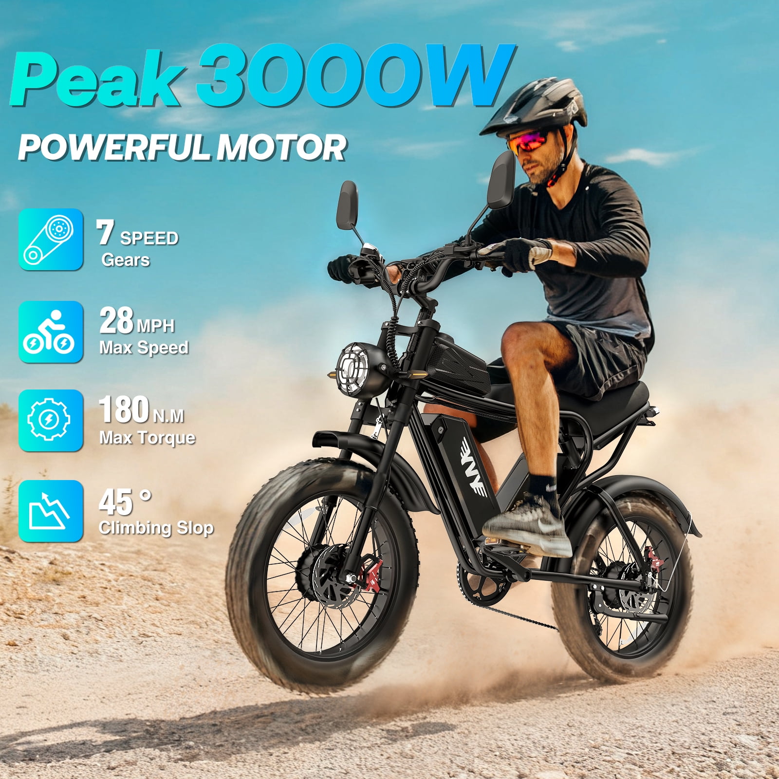 Dual Motor Electric Bike for Adults, Peak 3000W 52V 40AH Dual Battery,Up to 180 Miles Electric Motorcycle, 20" Fat Tire Mountain Bike UL2849