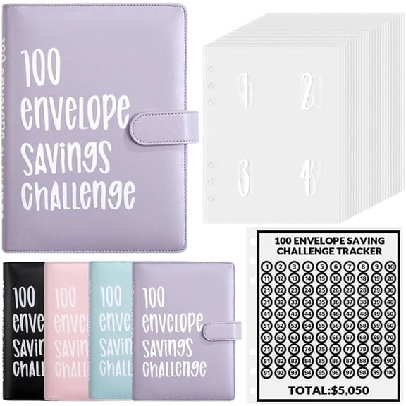 100 Envelopes Money Saving Challenge, PandaTop 100 Envelope Challenge Binder, Easy and Fun Way to Save $5,050, 100 Day Savings Challenge Binder with Cash Envelopes for Office,Home,School (Purple)