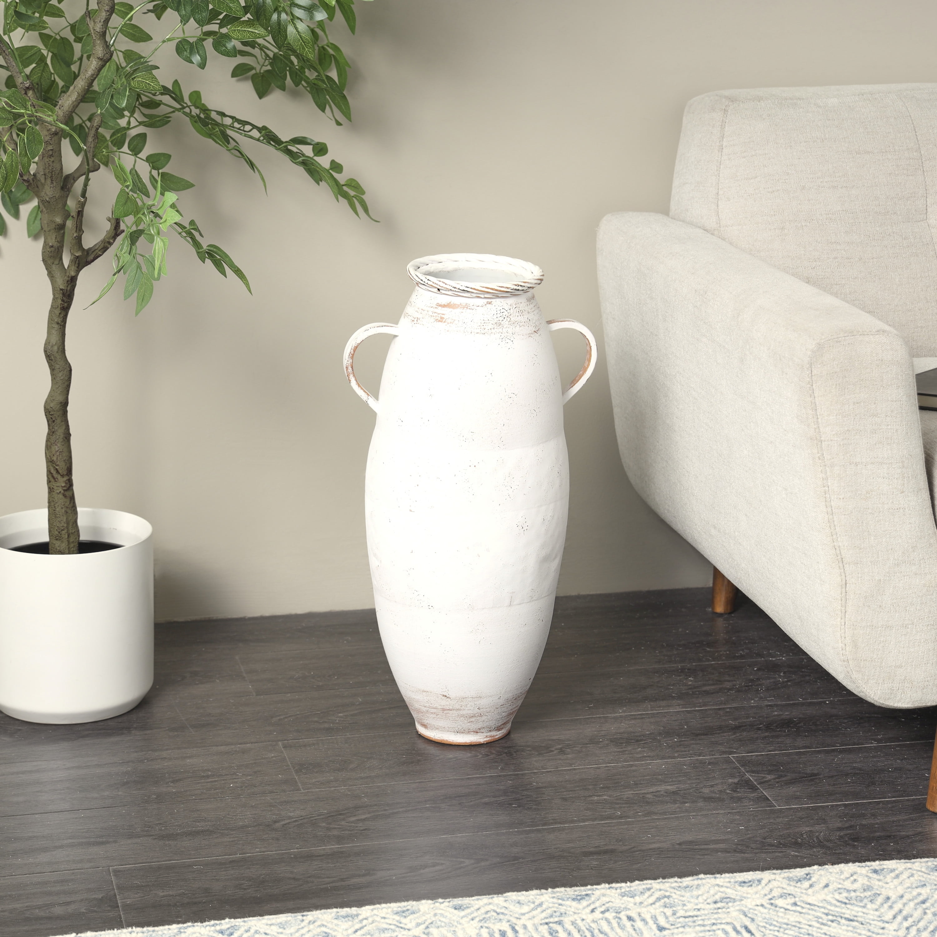 DecMode 24" White Metal Vase with Antique Distressing and Terracotta Accents