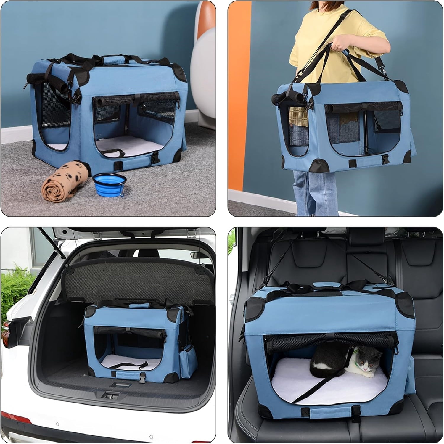 Portable Collapsible Dog Crate, Travel Dog Crate 24x17x17 with Soft Warm Blanket and Foldable Bowl for Large Cats & Small Dogs Indoor and Outdoor