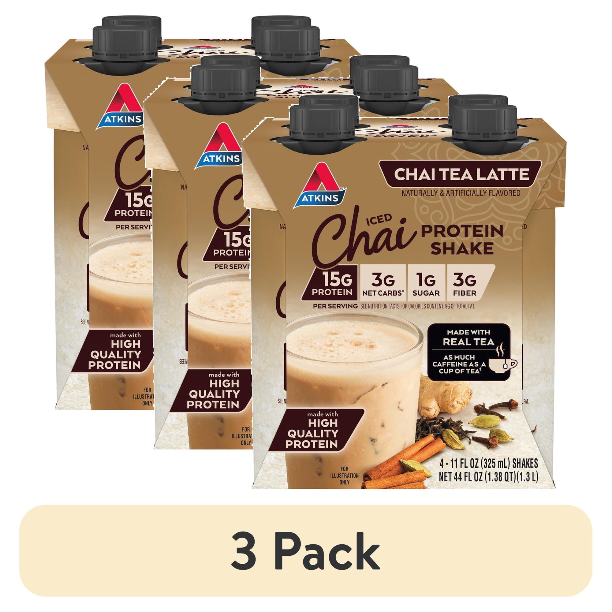 (3 pack) Atkins Chai Tea Latte Flavored High Protein Shake, Ready to Drink, Low Sugar and Low Carb Shakes, Keto-Friendly, Made with Real Tea, 4 Count