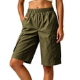 thumbnail image 5 of Women's Cool Silk Cotton Cargo Shorts with Pockets, High Waisted Elastic Waist Knee Length Bermuda Shorts, Casual Outdoor Hiking Jogging Work Shorts | UKHCCC,Army Green L, 5 of 7