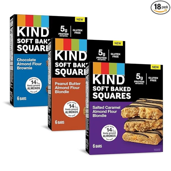KIND Soft Baked Squares, Variety Pack, Chocolate, Peanut Butter and Salted Caramel, Almond Flour Brownies, Healthy Snack Bars, Gluten Free, 5g Protein, 18 Count