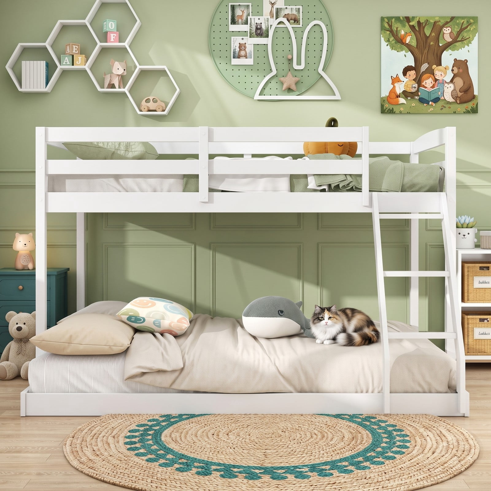 Furnibear Twin Over Full Low Floor Wood Bunk Bed with Guardrails and Integrated Ladder for Kids Teens and Guest Rooms, White