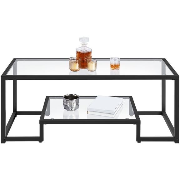 2-Layer Coffee Table, Tempered Glass Center Table with Storage Shelf, Sturdy Metal Frame Side Table for Living Room, Office, Balcony, Black