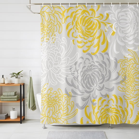 Yellow Grey Chrysanthemum Shower Curtains for Bathroom, Farmhouse Botanical Floral Modern Waterproof Fabric Shower Curtain, Decorative Bathroom Curtain for Bathtub, 36"x72" , No Hooks Included