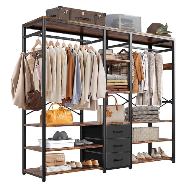 Zocalo Perchero Metálico 200x183cm con 3 Cajones de Tela y 9 Estantes, Rack Organizador de Ropa, Armario Abierto para Dormitorio, Closet de Almacenamiento Extra Grande, Color Negro