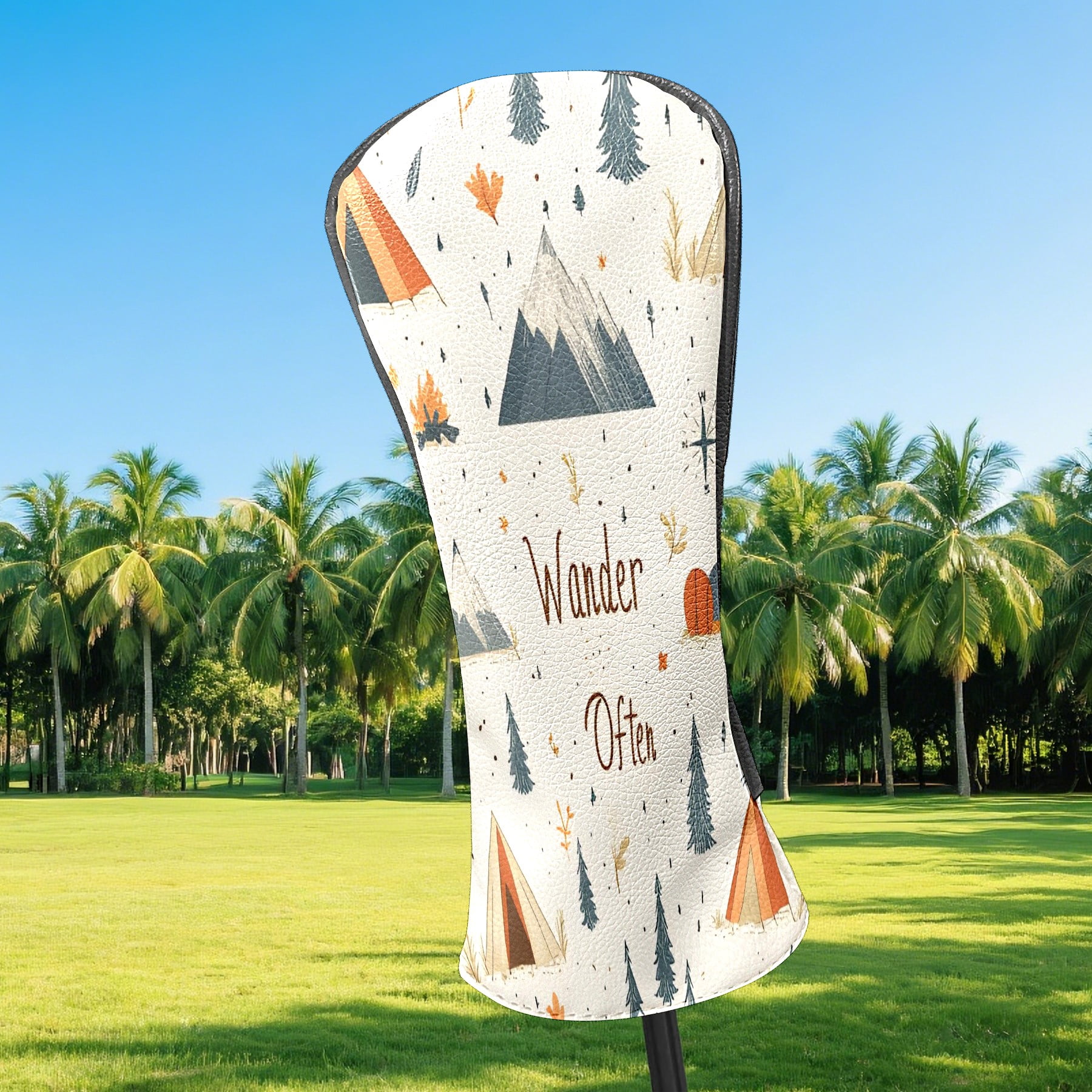 Golf Club Covers, Beige Camping Wander Premium PU Leather Driver Hybrid Putter Head Covers with Velvet Lining, Waterproof Golf Gifts for Men Women