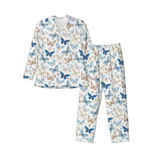 Balery Butterfly Pijama para Hombre de Dos Piezas con Manga Larga, Conjunto de Dormir y Descanso Suave con Bolsillos-Large
