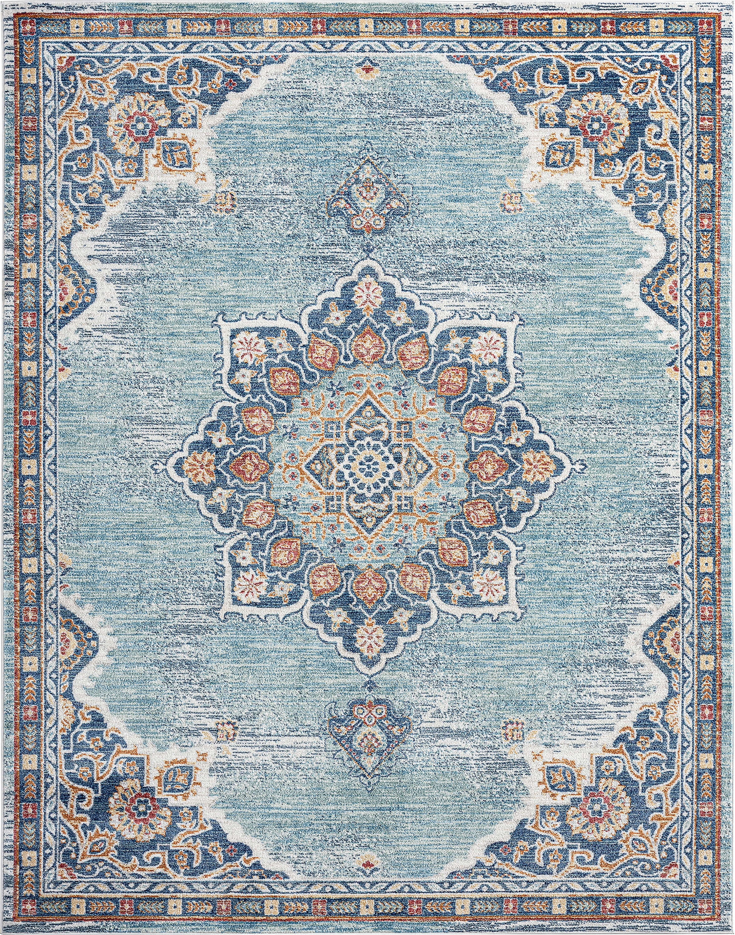 Traditional 9x12 Area Rug (8'10'' x 12'2'') Medallion Navy, Aqua Living Room Easy to Clean