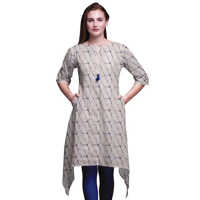 Bimba Kurti Asymétrique Imprimé Shibori Géométrique Bleu pour Femmes Robe d'Été Indienne Tunique TTTG