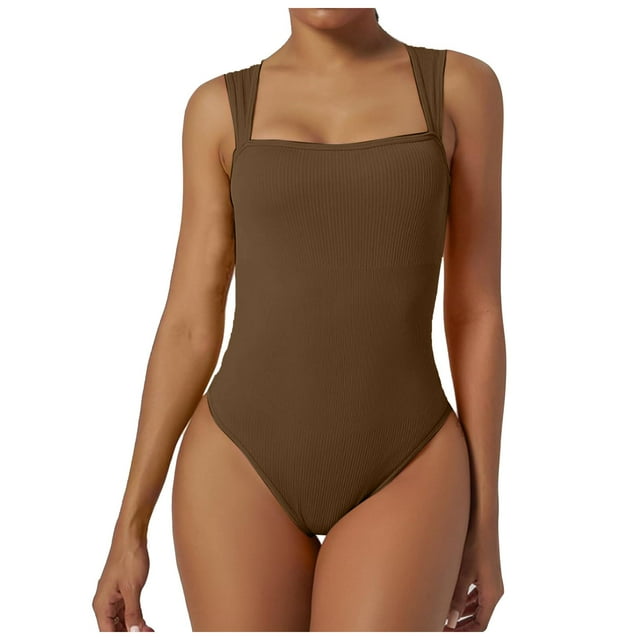 Women's Sexy Ribbed Strappy Square Neck Sleeveless Bodysuit - 90% Nylon 10% Spandex - Snap Button Bottom, S-XXL