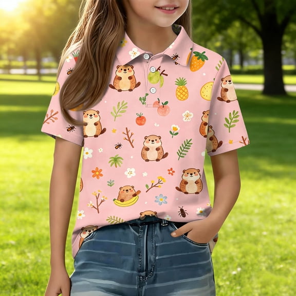Girls School Uniform Short Sleeve Henley Cute Cartoon Animal Print Polo Shirts Button Closure Causal Comfy T Shirts, 120