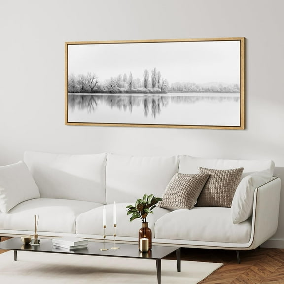IDEA4WALL Extra Large Framed Canvas Print Wall Art Frosty Tranquility Winter Lake Reflections Vintage Artwork Antique Retro Fine Art Watercolor Decorative Relax/Calm for Rooms Decor - 60"x30"