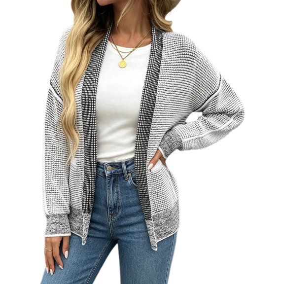 Long Sleeved Open Front Women Casual Knit Waffle Cardigan Coat