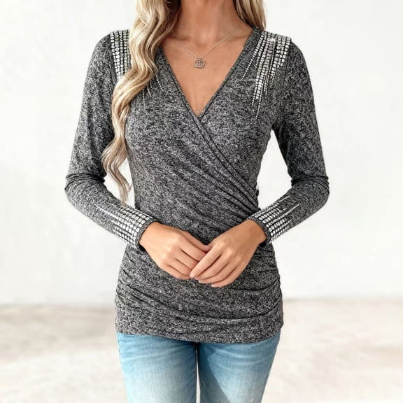 ClodeEU Women's Cross Wrap V Neck Long Sleeve Slim Fitted Rhinestone T Shirt Top,Ruched Elegant Tee Top Gray,Womens Plus XXL