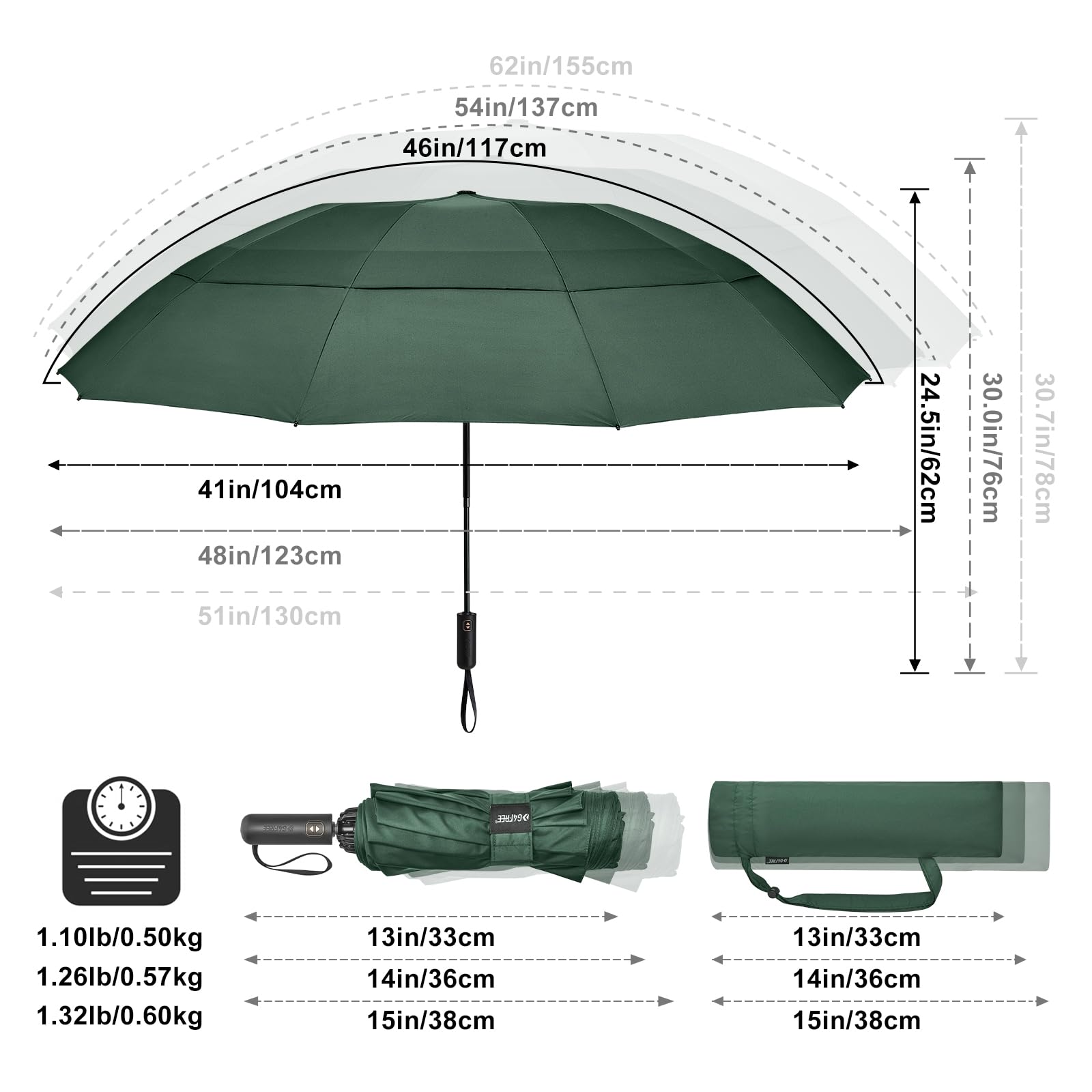 G4Free 42/46/54/62 Inch Large Golf Umbrella Compact Reverse Travel Umbrella 10 Ribs Windproof for Rain Double Canopy Automatic Open Close