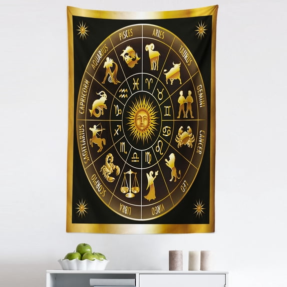 Astrology Tapestry, Wheel Zodiac Constellation Signs in Circle Sun Moon Image Circle, Fabric Wall Hanging Decor for Bedroom Living Room Dorm, 5 Sizes, Dark Forest Green Orange, by Ambesonne