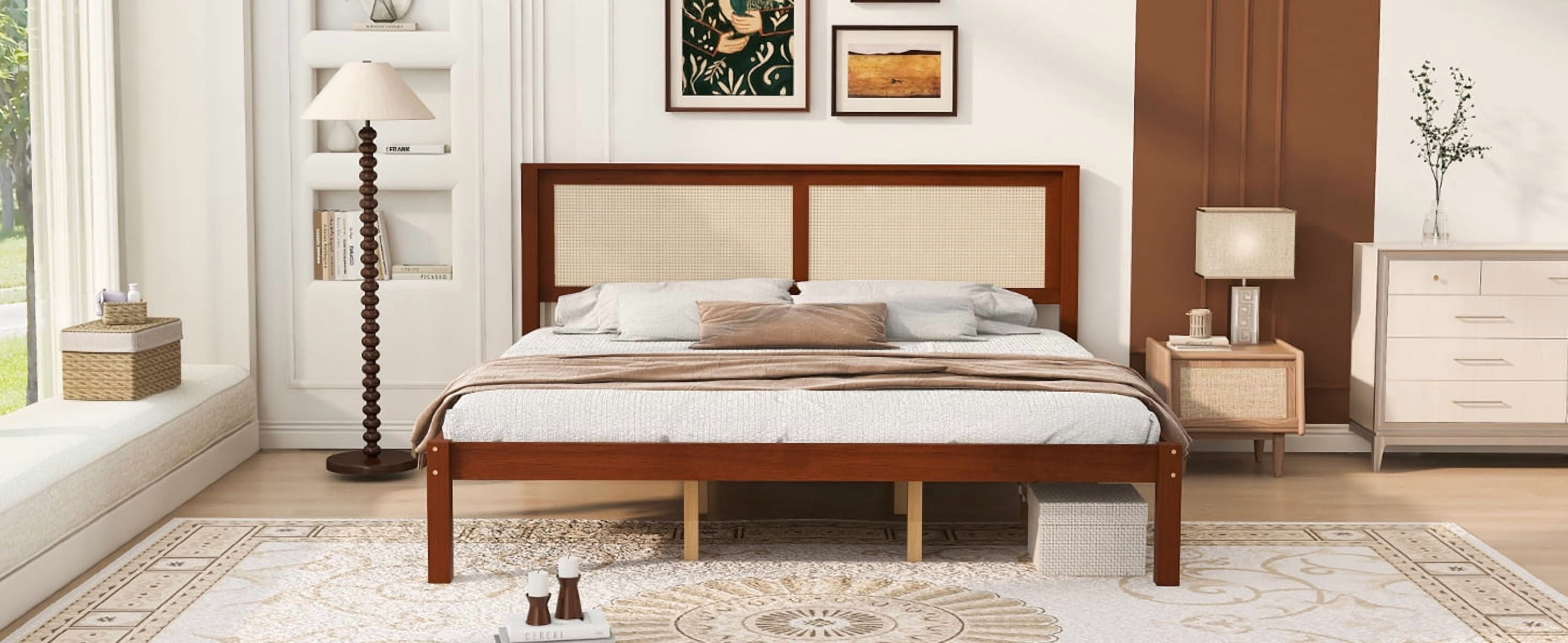King Bed Frame with Rattan Headboard, Solid Wood Platform Bed and Farmhouse Boho Bed Frame with Under-Bed Storage for Bedroom, Walnut Finish