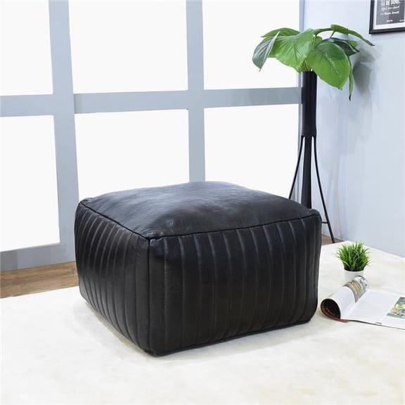 BBH Homes 16 x 16 x 16 in. Recycled Foam Solid Handmade Leather Square Ottoman Pouf with Fibre Fill, Black