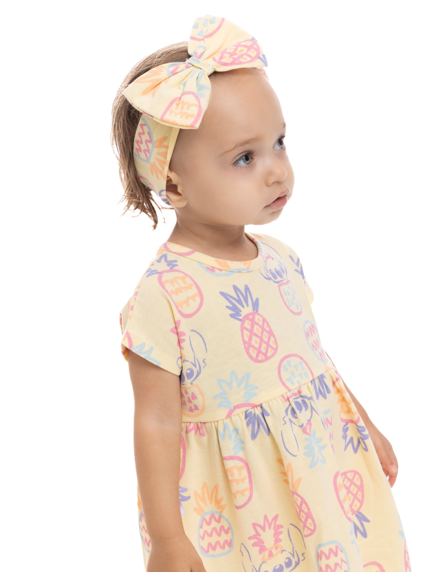 Stitch Baby Girl Allover Print Dress and Diaper Cover with Matching Bow Headband, Sizes 0/3M-24M