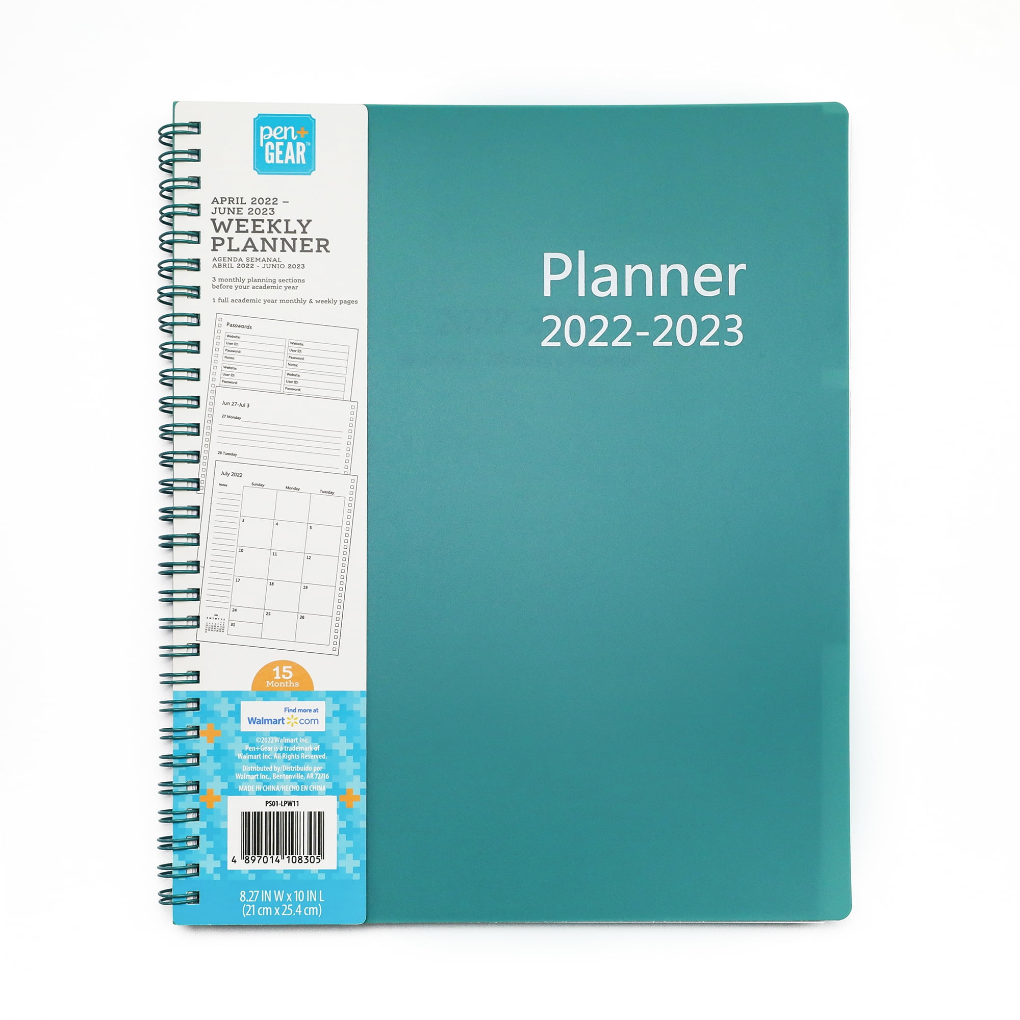 Pen+Gear Large Weekly/Monthly Planner, Green Poly Cover, April 2022- June 2023, Twin Wire Bound
