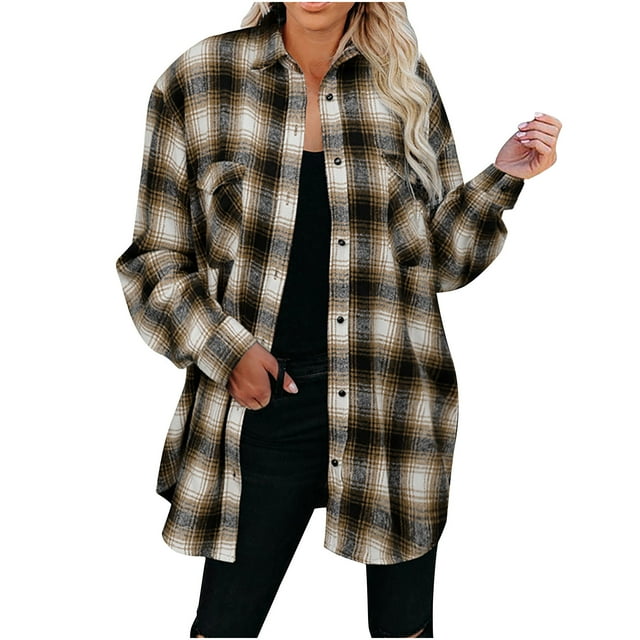 vdgthytj Womens Plaid Shackets Fall Casual Long Sleeve Collared Button down Shirts Ladies Plus Size Casual Jackets