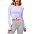 thumbnail image 5 of DuoJiaJ Womens Long Sleeve Crop Top, Crew Neck Ruched Stretchy Yoga Athletic Purple L, 5 of 5