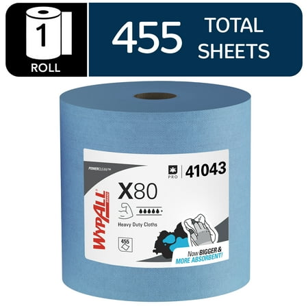 WypAll PowerClean X80 Cloths Heavy Duty Wipes (41043), Jumbo, Extended Use Towels, Blue (1 Roll of 455 Sheets, 455 Sheet Total)