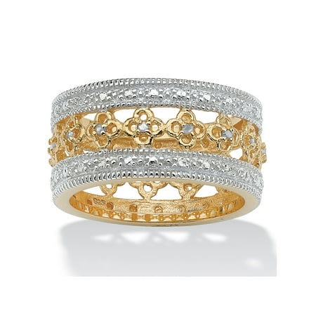 - 1/8 TCW Round Diamond 18k Gold over Sterling Silver Filigree Flower Motif Eternity Band