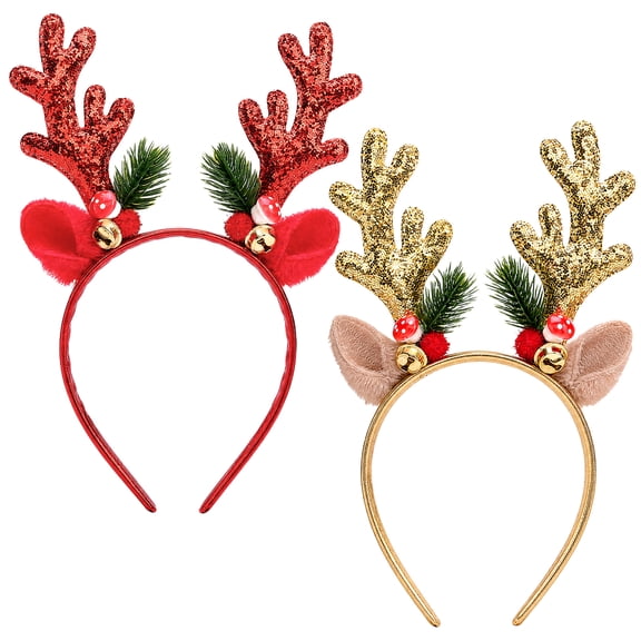 Naler 2PCS Christmas Headbands for Women Glitter Bell Hair Hoop Elk Hair Band Reindeer Antlers Headband Women Girls Hair Access Headdress for Party